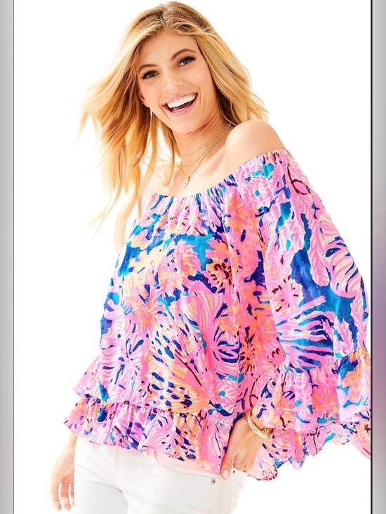 Lilly Pulitzer Tops - Lilly Pulitzer Corie Top in Multi Swirling Seadream off the shoulder blouse XS